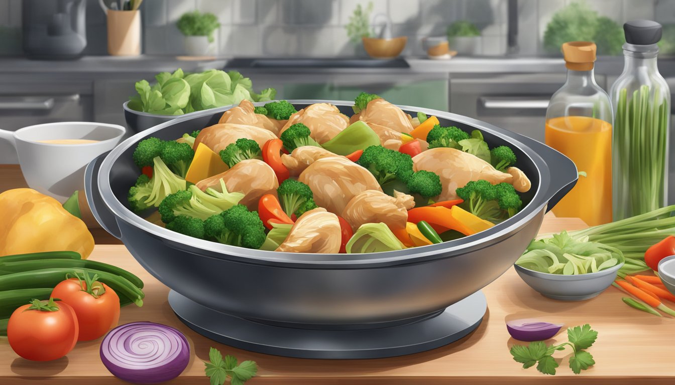 A colorful bowl of chicken stir fry sits on a kitchen counter, surrounded by fresh vegetables and herbs. The steam rises from the dish, indicating its recent preparation