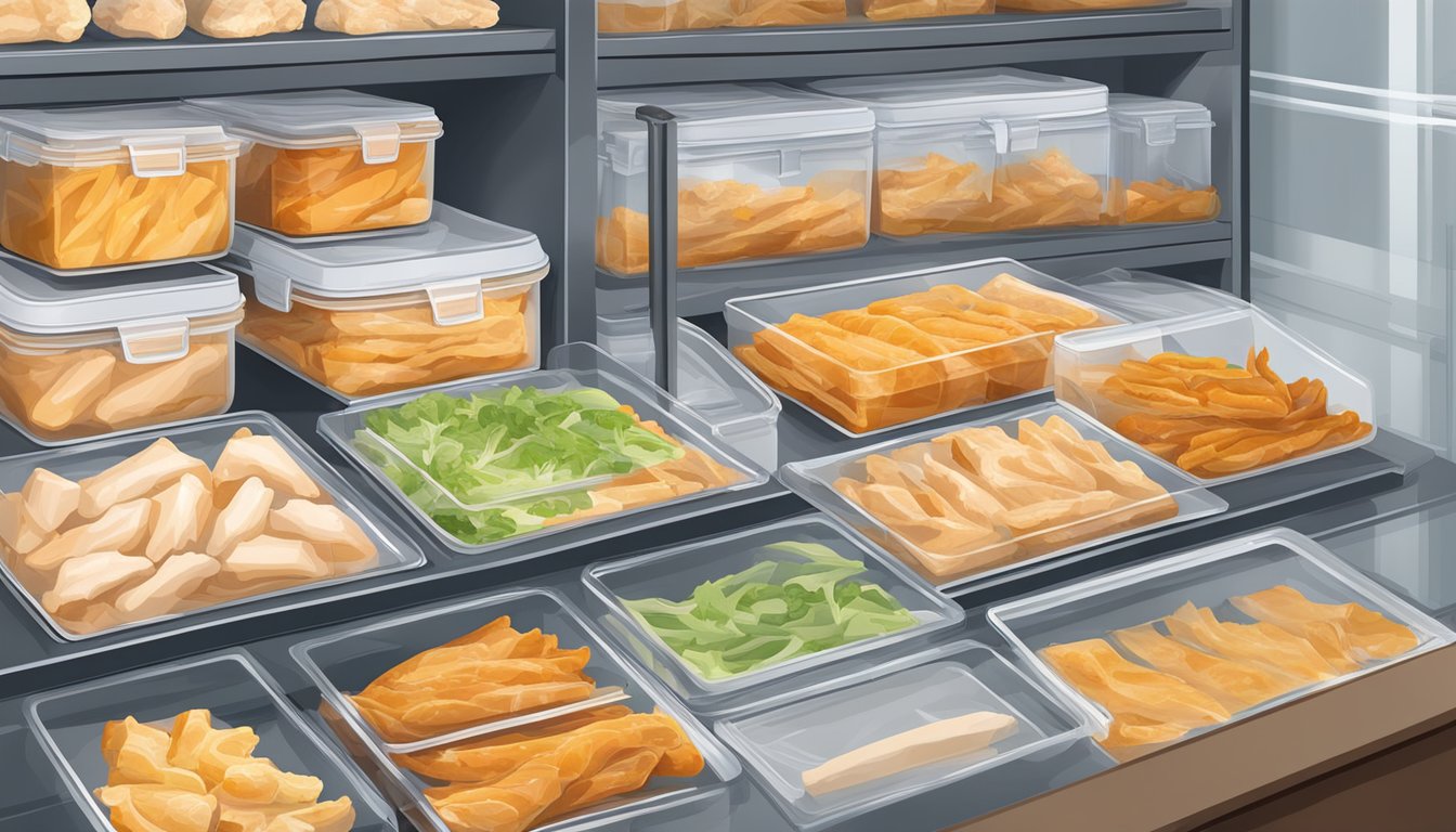 A vacuum-sealed pack of chicken strips sits on a shelf, surrounded by various preservation methods such as freezing, canning, and vacuum sealing equipment