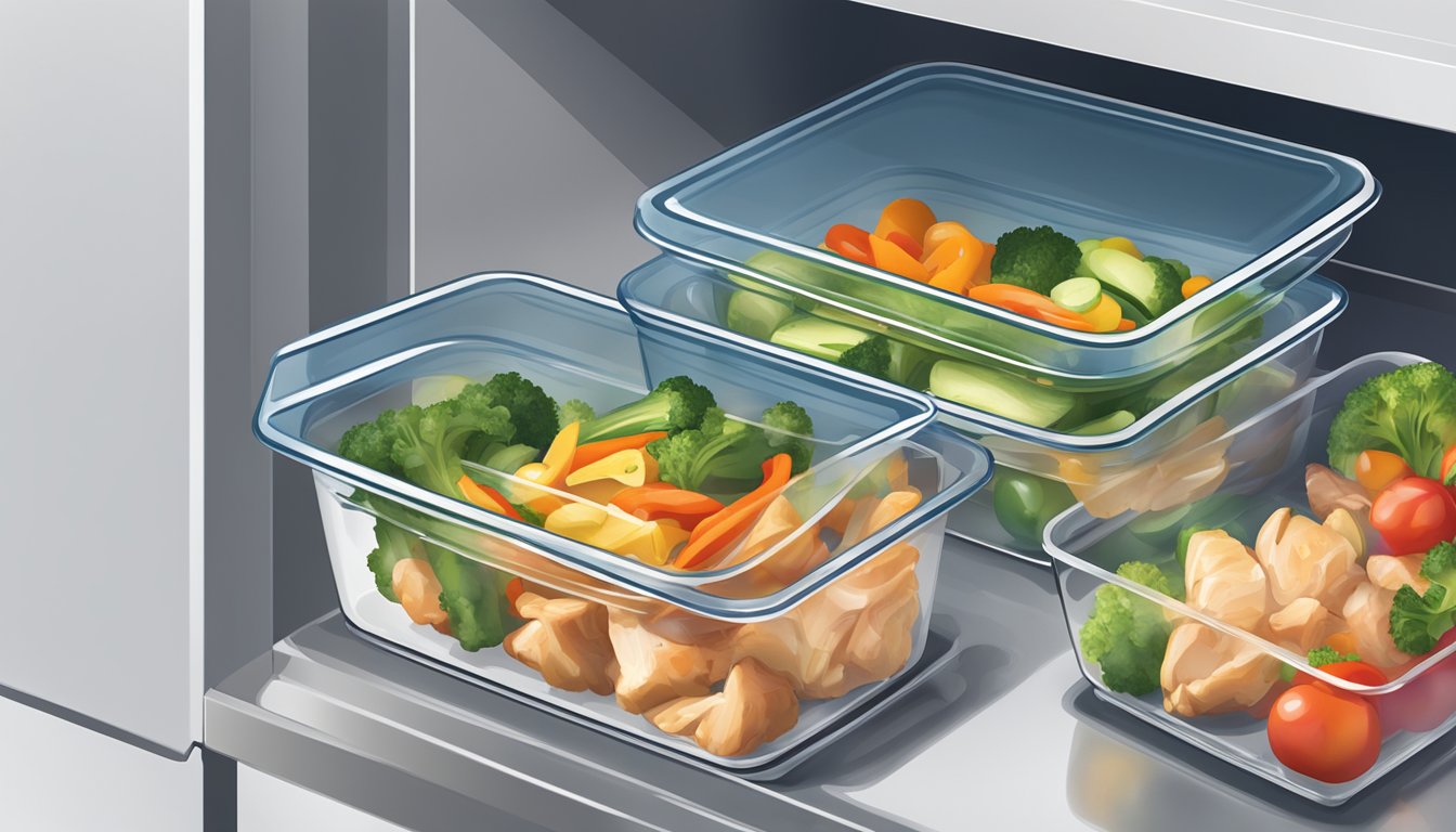 A colorful chicken stir fry bowl sits in the fridge next to neatly stacked containers. The bowl is covered with a clear lid, showing off the vibrant vegetables and tender chicken inside