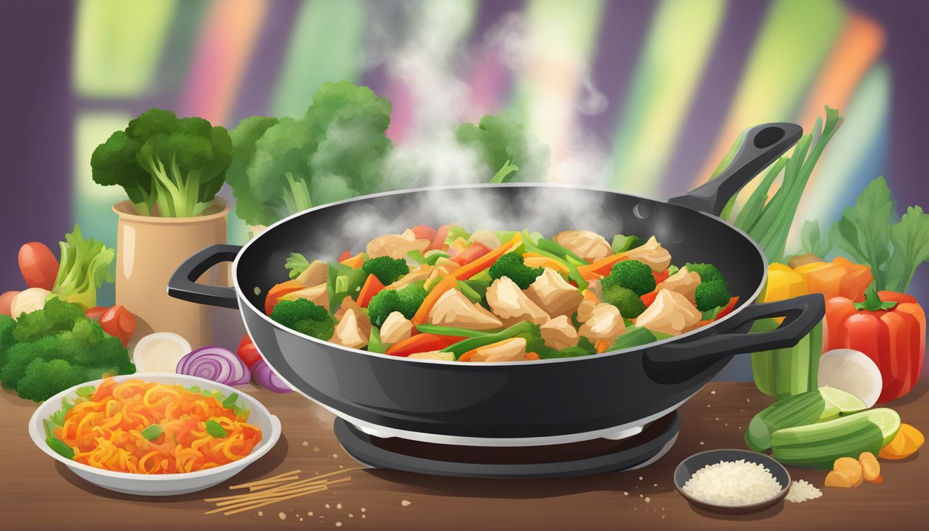 A sizzling skillet of chicken stir fry surrounded by colorful vegetables and steaming rice, with a fragrant aroma filling the air