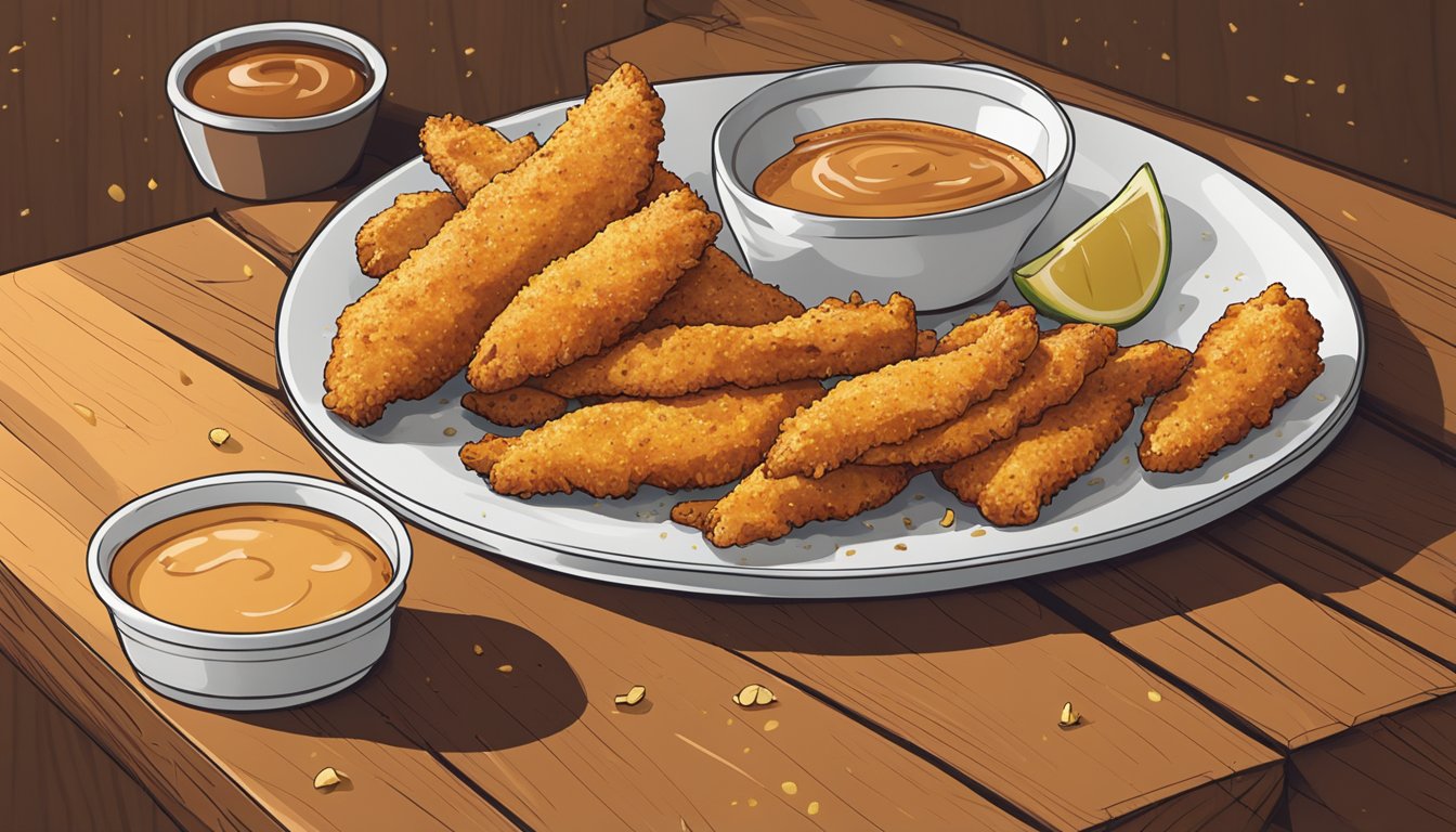 A plate of chicken tenders sits on a wooden table, surrounded by a few scattered crumbs. The tenders appear golden-brown and crispy, with a side of dipping sauce nearby