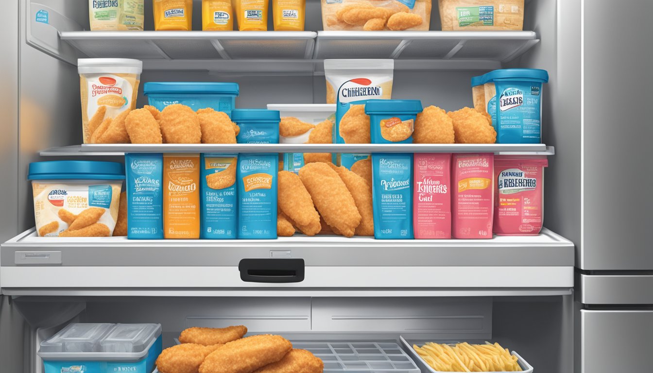 A package of chicken tenders sits on a clean, well-organized refrigerator shelf, with a visible expiration date label