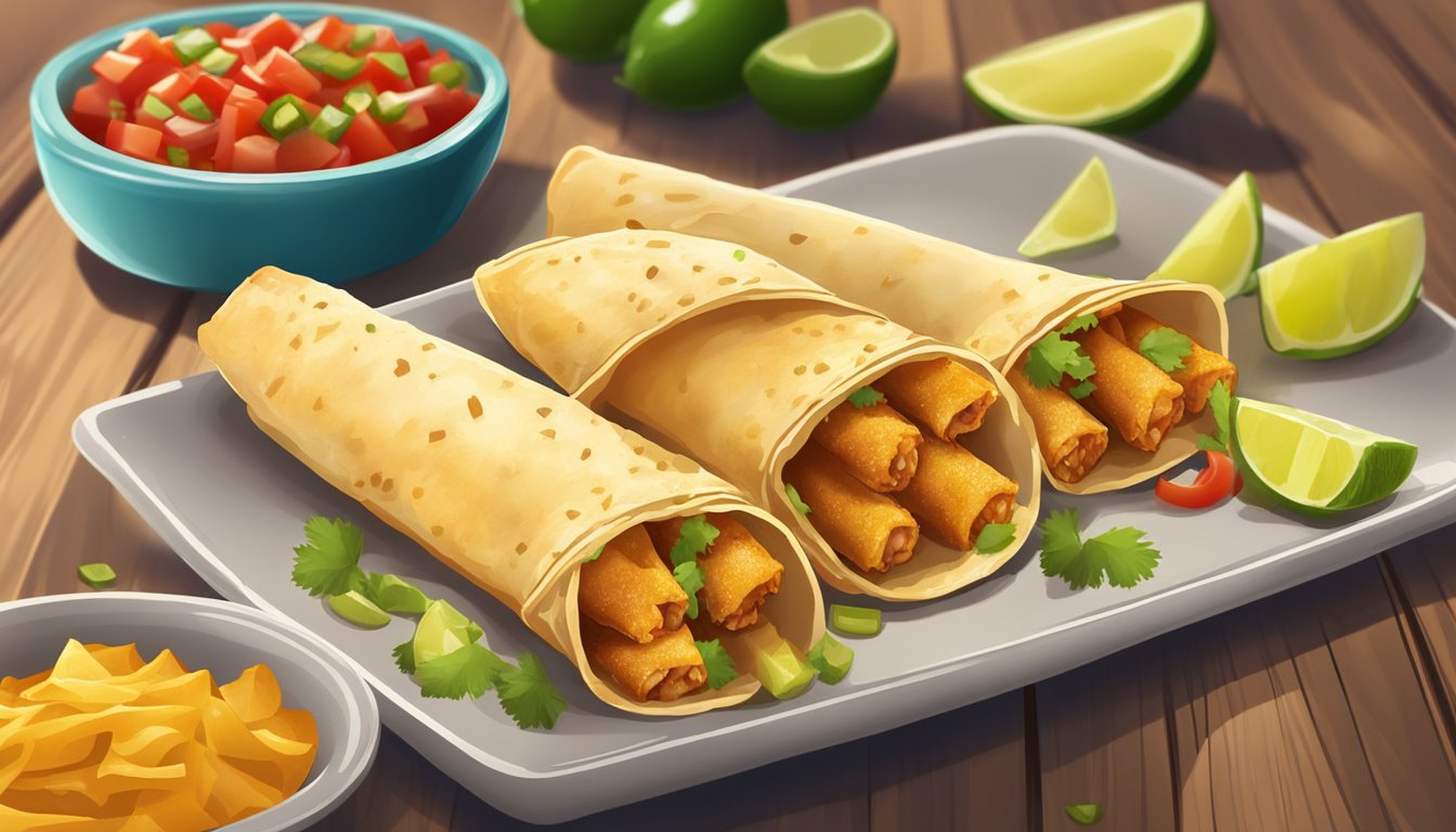 A plate of chicken taquitos sits on a wooden table, surrounded by colorful salsa and guacamole. The taquitos are golden brown and crispy, with steam rising from the filling