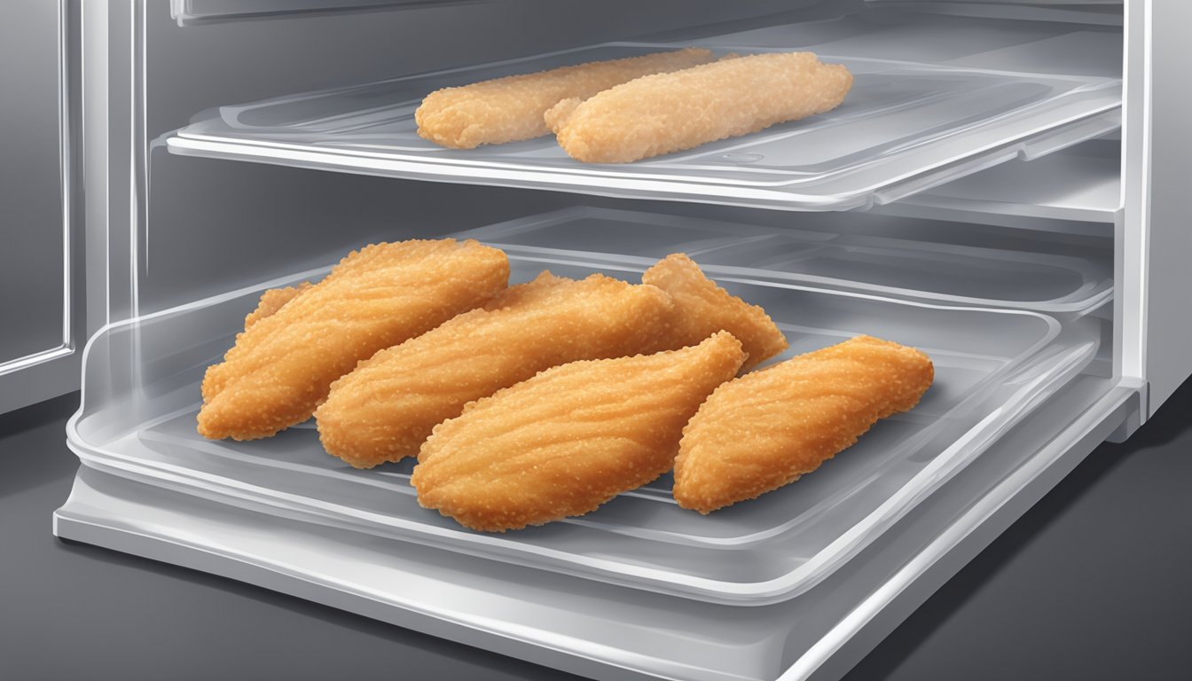 A package of chicken tenders stored in a refrigerator, with a visible expiration date label