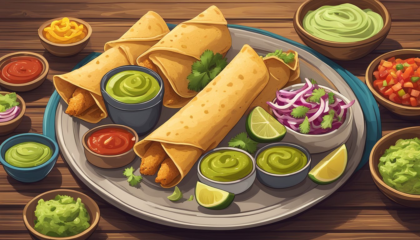 A plate of freshly cooked chicken taquitos sits on a rustic wooden table, surrounded by colorful bowls of salsa and guacamole