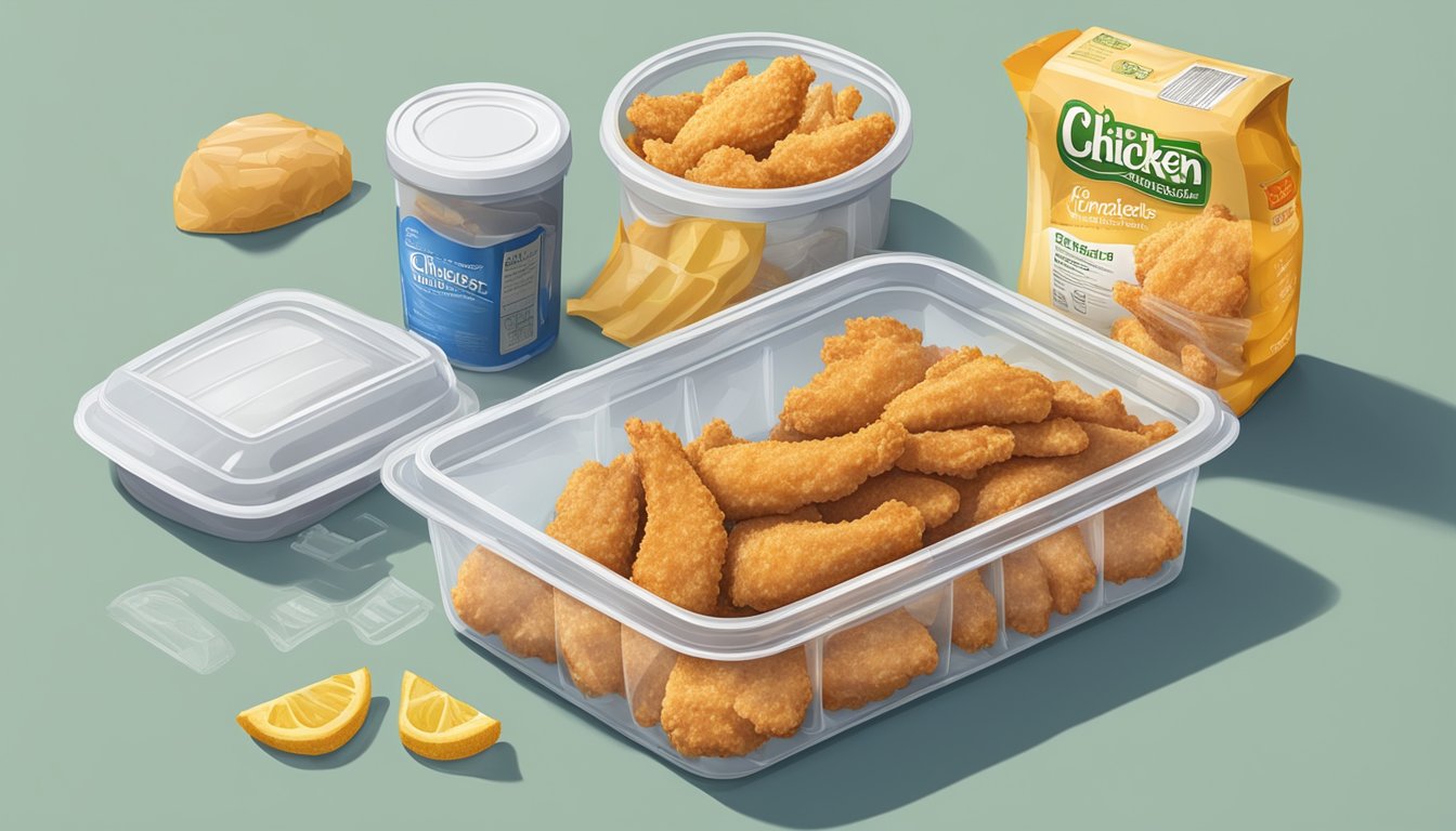 A package of chicken tenders sits on a kitchen shelf, surrounded by other food items. The tenders are sealed in a plastic container with a visible expiration date