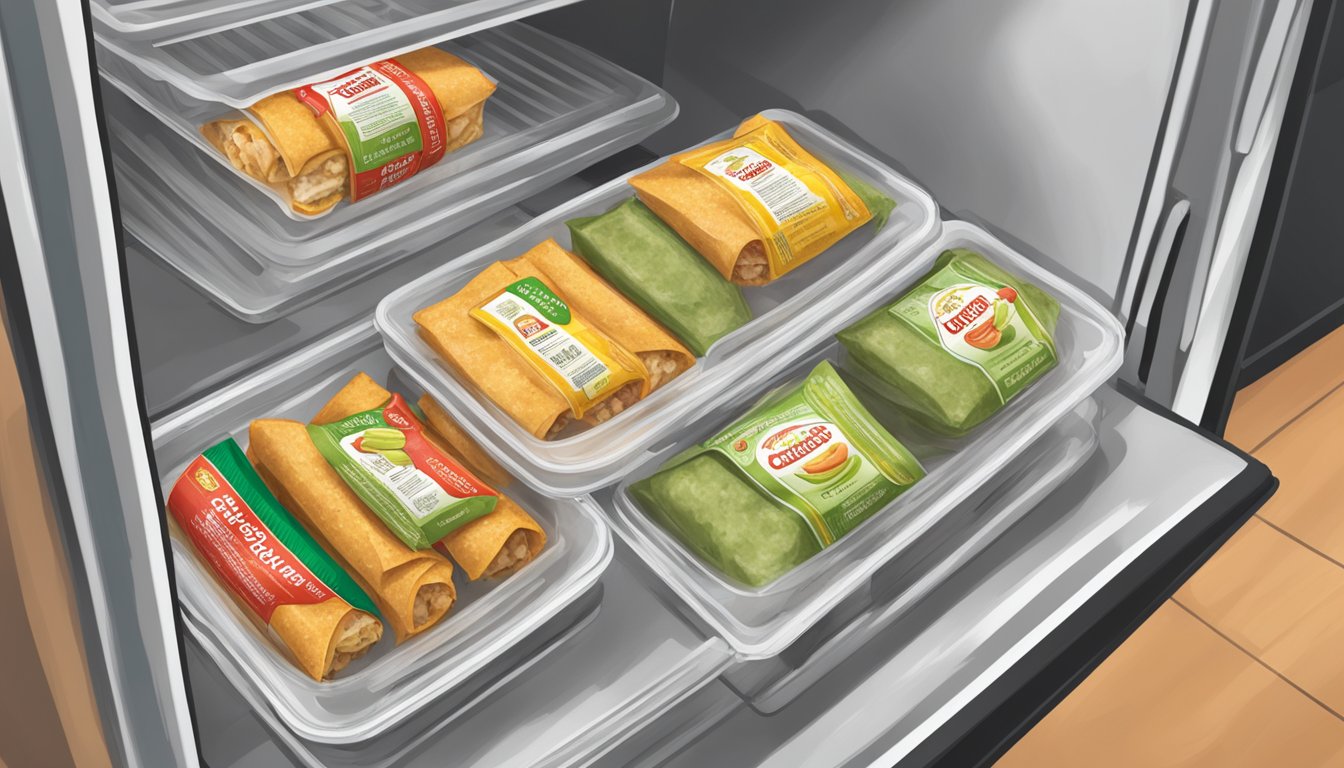 A package of chicken taquitos sits in a refrigerator next to containers of salsa and guacamole. The taquitos are sealed in a plastic bag and labeled with a "best by" date