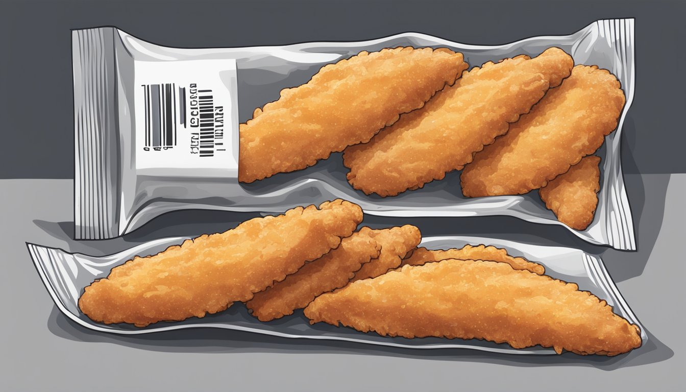 A pack of chicken tenders sits in the refrigerator, with a visible expiration date on the packaging. Some tenders show signs of discoloration and a foul odor