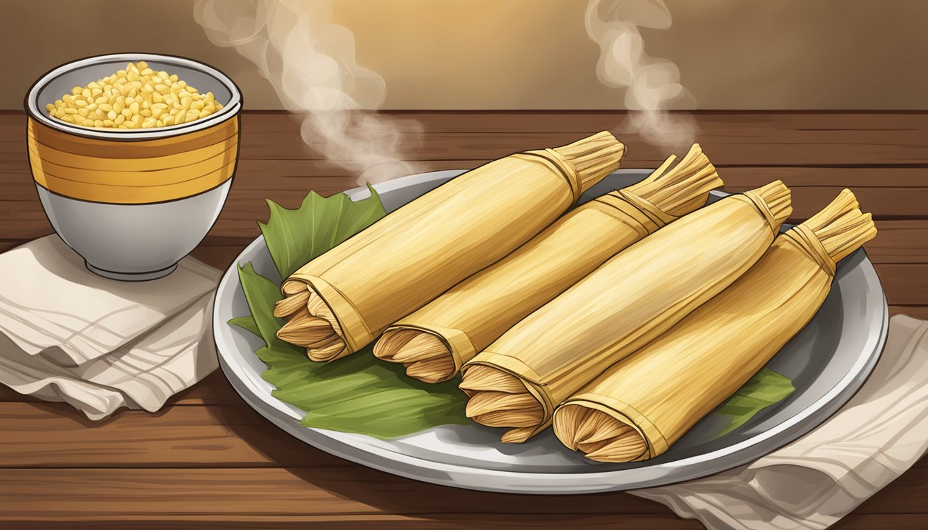 A plate of chicken tamales sits on a wooden table, covered in a traditional corn husk wrapper. Steam rises from the freshly cooked tamales, indicating their recent preparation