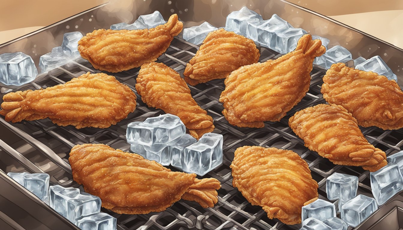 Chicken tenders surrounded by ice and then transitioning to being cooked on a hot grill