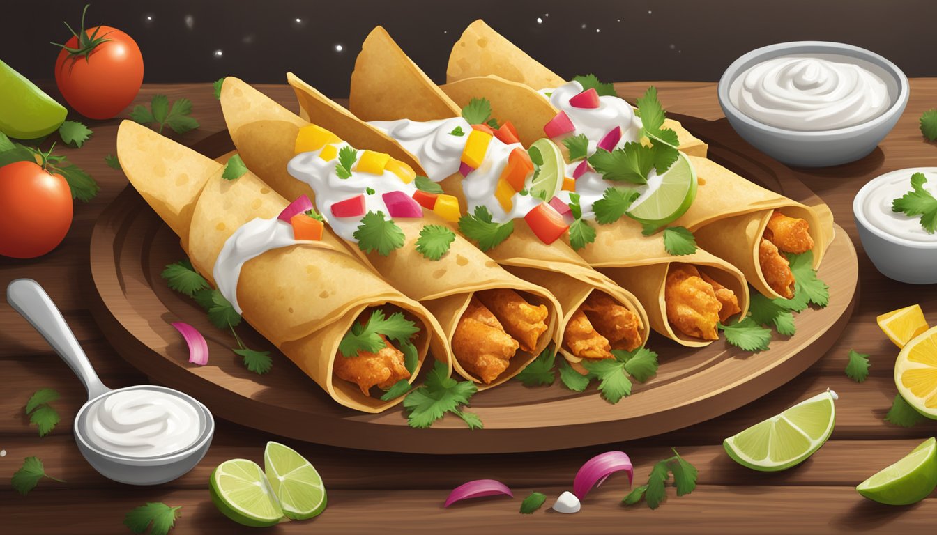 A plate of chicken taquitos sits on a wooden cutting board, surrounded by colorful garnishes and a dollop of sour cream