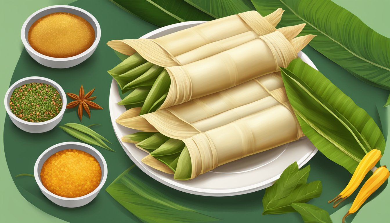 A stack of chicken tamales arranged on a plate, covered with a layer of steaming banana leaves. The tamales are surrounded by colorful spices and herbs