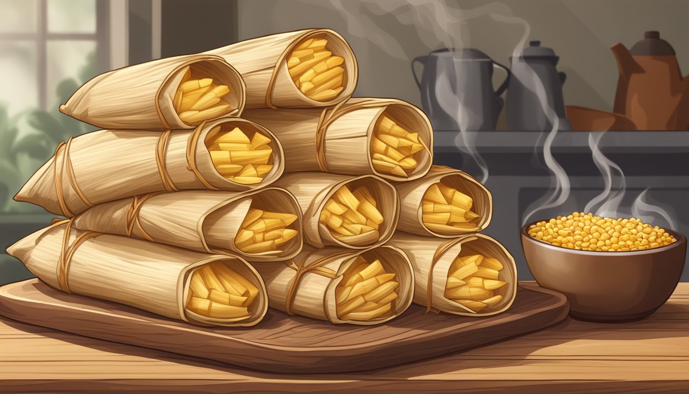 A stack of chicken tamales sits on a wooden shelf, wrapped in corn husks and steaming with savory aroma