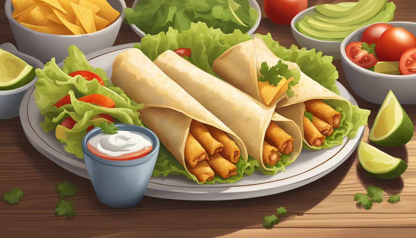 A plate of chicken taquitos sits on a wooden table, surrounded by fresh ingredients like lettuce, tomatoes, and avocado. The taquitos are golden brown and crispy, with steam rising from them