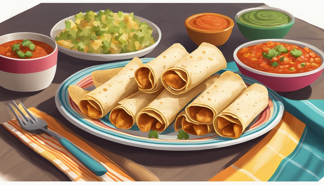 A plate of chicken taquitos sits on a kitchen counter, surrounded by colorful napkins and a bowl of salsa. The taquitos are golden brown and crispy, with steam rising from them