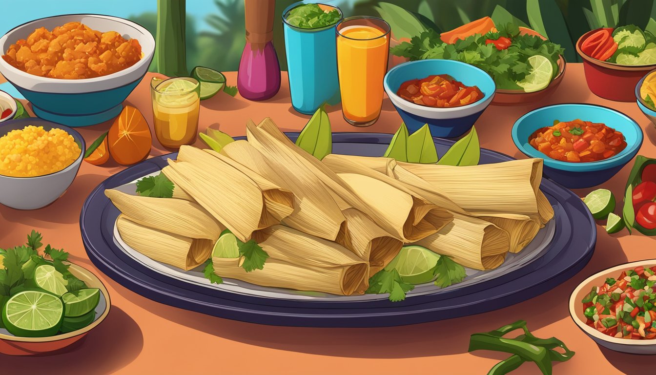 A platter of steaming chicken tamales surrounded by vibrant, colorful side dishes and garnishes