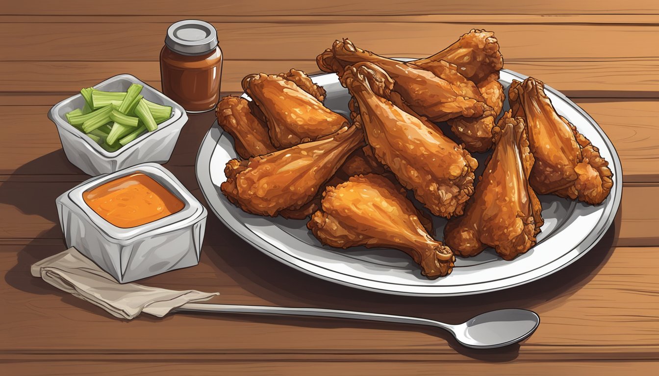 A plate of chicken wings sits on a wooden table, surrounded by empty sauce containers and a crumpled napkin. The wings are golden brown and glistening with sauce, with a few celery sticks and carrot slices on the side