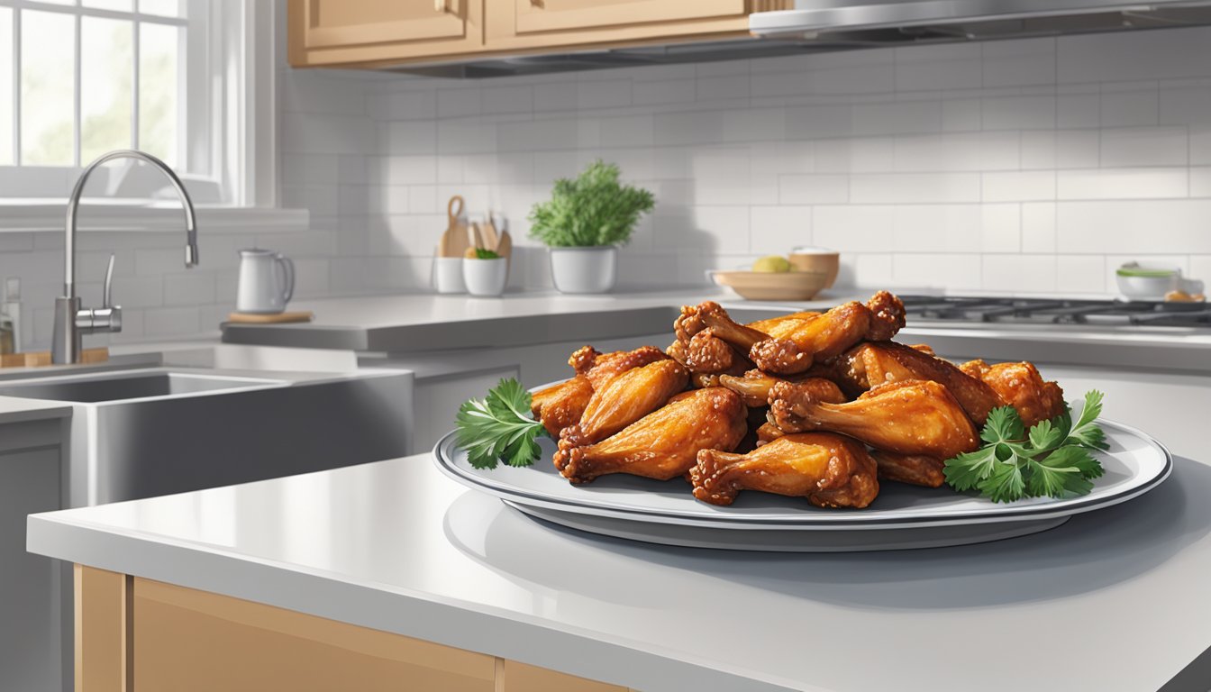 A plate of chicken wings sits on a clean, white kitchen counter. The wings are fresh and well-cooked, with no signs of spoilage