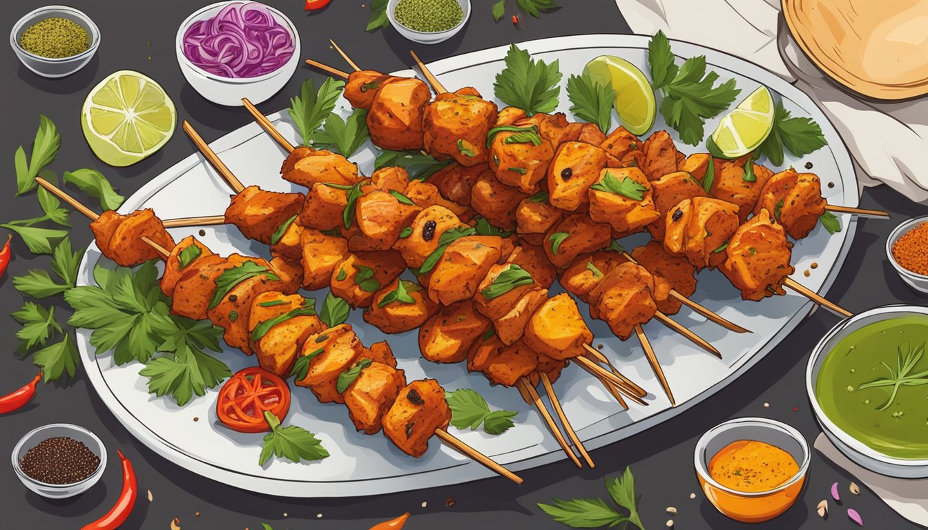 A plate of chicken tikka skewers sits on a table, surrounded by colorful spices and herbs. The skewers are fresh and well-marinated, ready to be cooked