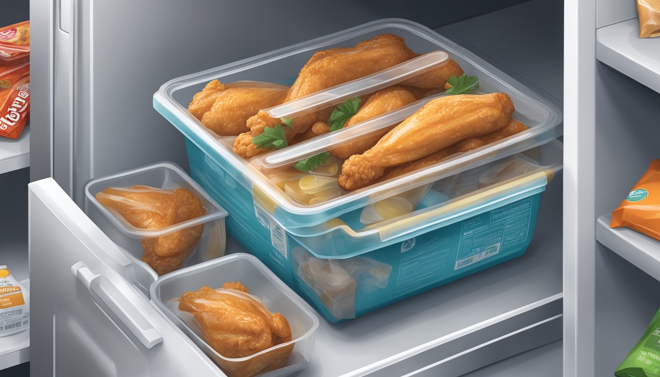 A package of chicken wings sits in a refrigerator next to other food items. The wings are sealed in airtight packaging with a visible expiration date