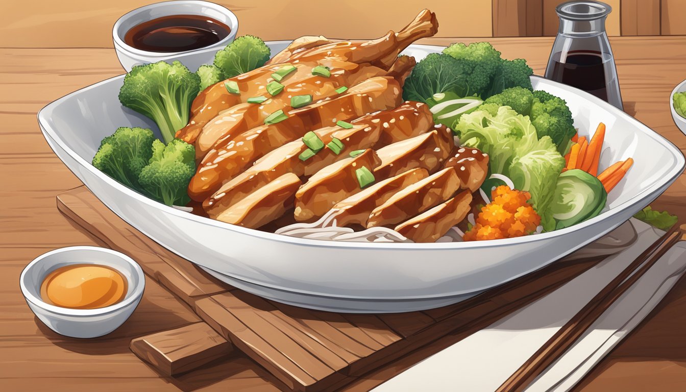 A steaming bowl of chicken teriyaki sits on a wooden table, surrounded by vibrant vegetables and drizzled with glossy sauce