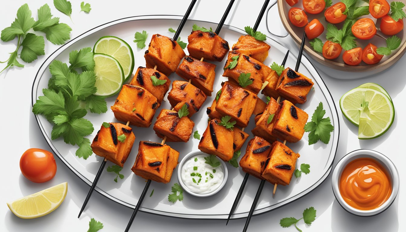 A plate of chicken tikka skewers sits on a clean, white surface. The skewers are neatly arranged and surrounded by fresh garnishes