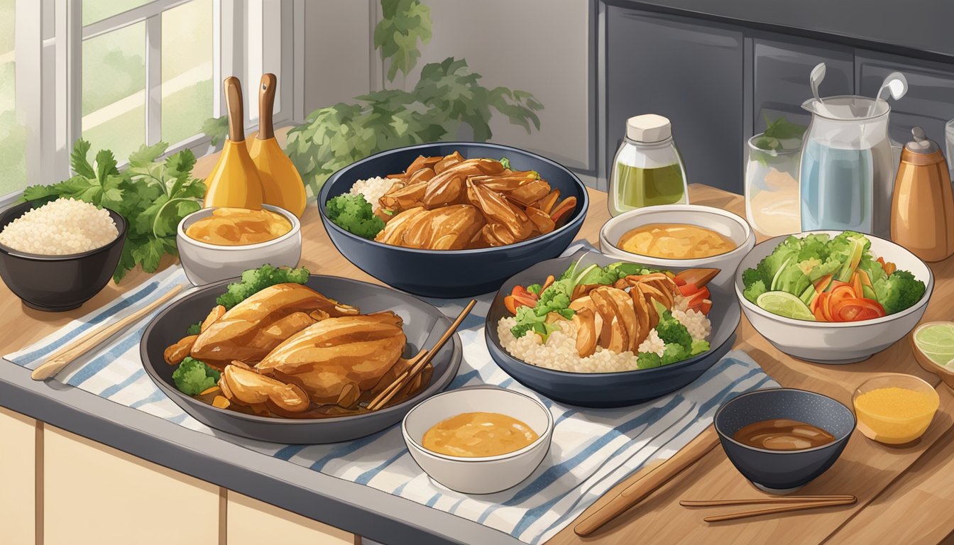 A kitchen counter with a freshly cooked chicken teriyaki bowl, surrounded by ingredients and utensils