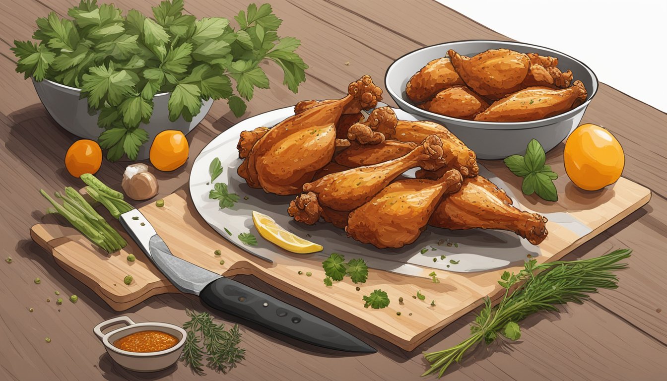 A pair of chicken wings sits on a clean cutting board, surrounded by fresh herbs and spices. A chef's knife and a bowl of marinade are nearby