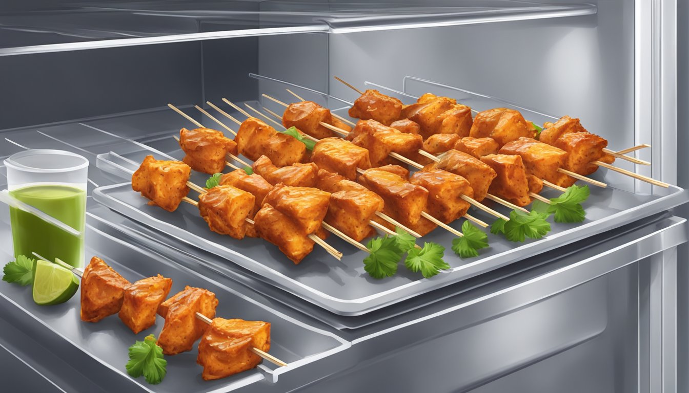 Chicken tikka skewers arranged on a platter, covered with plastic wrap, and stored in the refrigerator