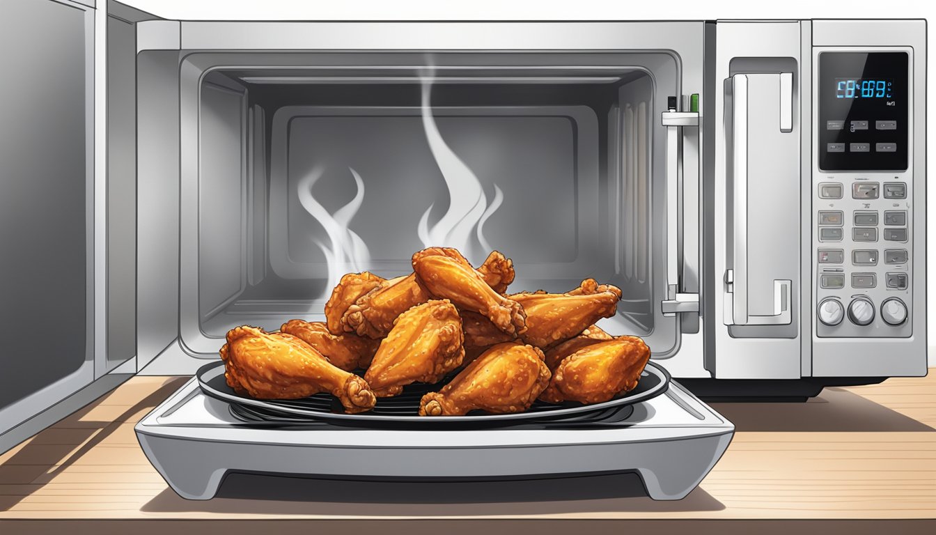 A plate of chicken wings being reheated in a microwave