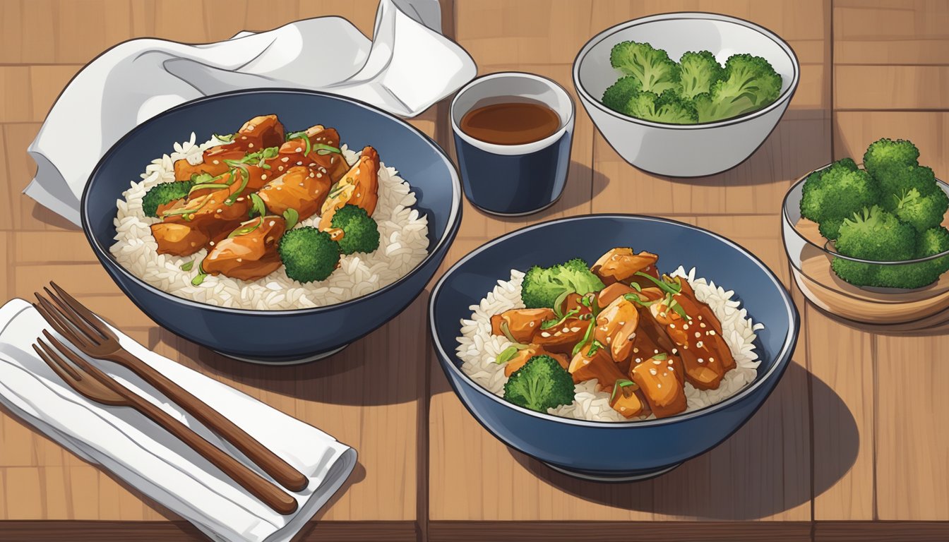 A colorful bowl filled with chicken teriyaki, rice, and vegetables sits on a wooden table next to a fork and a napkin