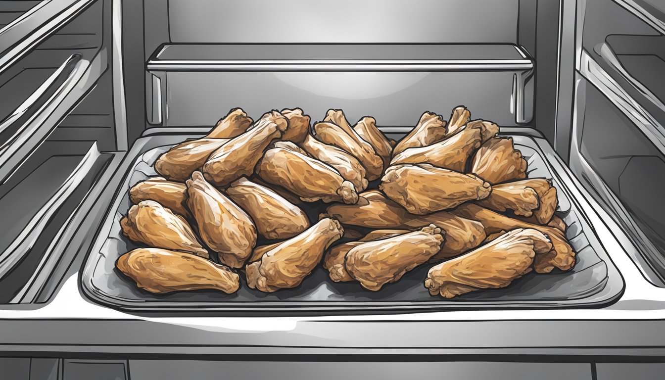 A pack of chicken wings sits in a refrigerator, with a clear expiration date label. A few wings are already cooked and placed on a plate, ready to be eaten