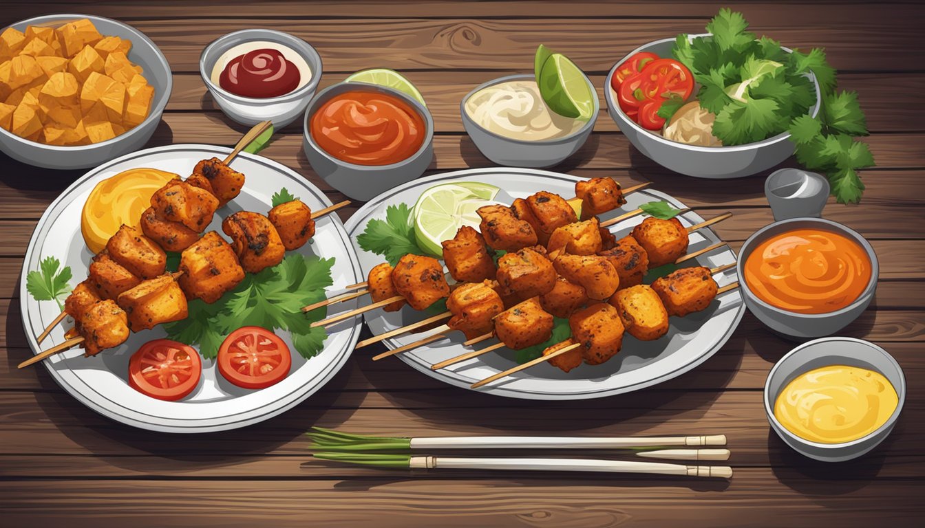 A plate of chicken tikka skewers with various accompaniments on a rustic wooden table