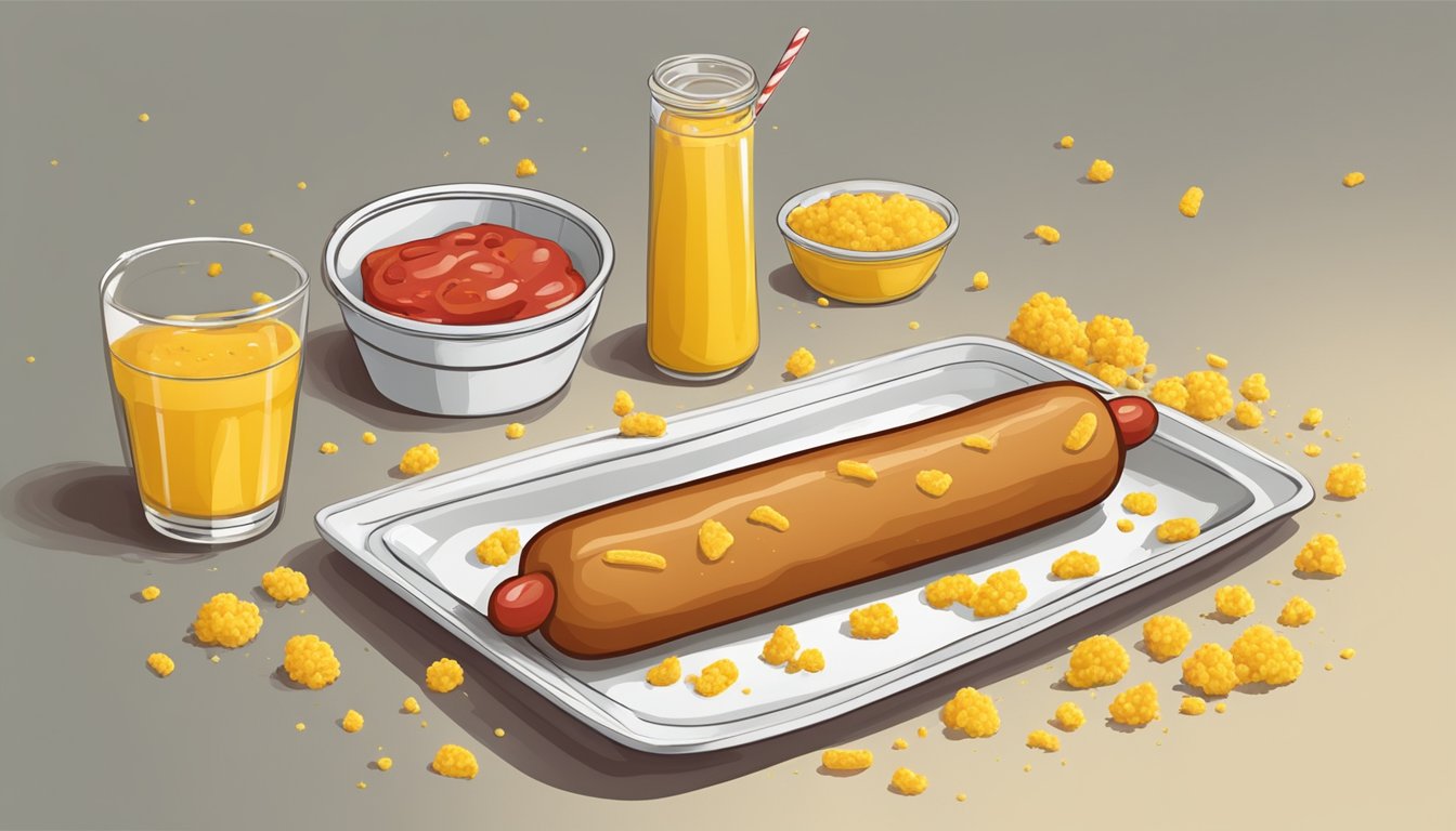 A corn dog sits on a paper plate, surrounded by mustard and ketchup. A few crumbs are scattered around the plate