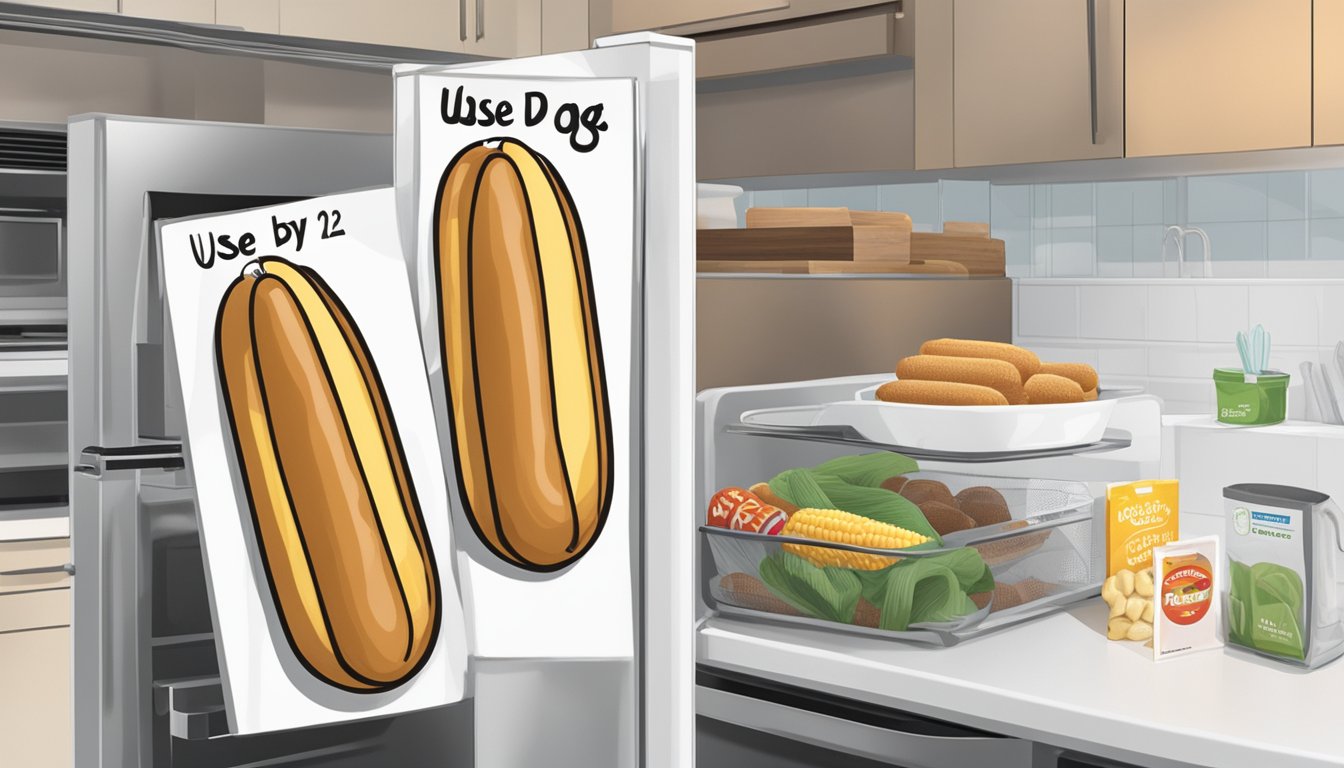 A pack of corn dogs sits in a refrigerator next to a "use by" date label. A kitchen calendar with a circled date is visible in the background