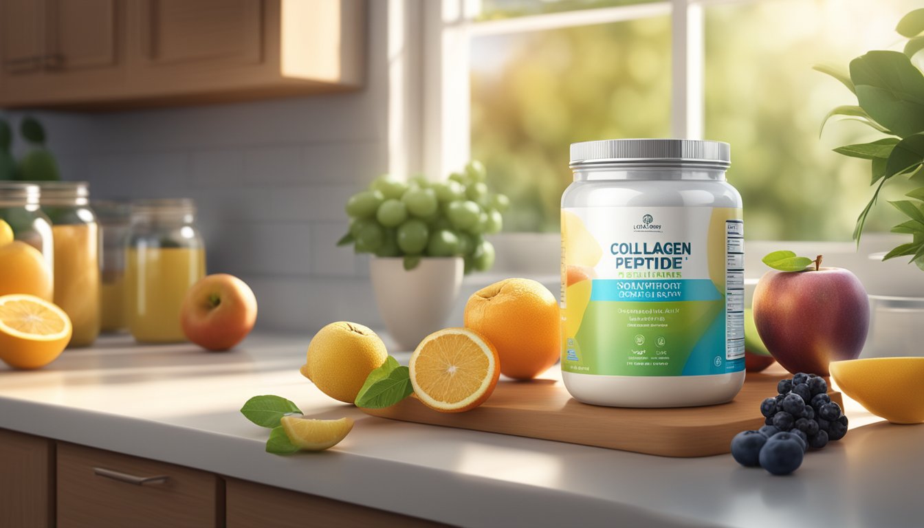 A jar of collagen peptides sits on a kitchen counter, surrounded by fresh fruits and a glass of water. The morning sunlight streams through the window, casting a warm glow on the scene