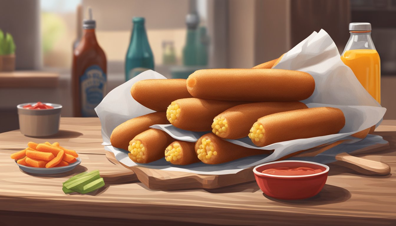 A pile of corn dogs sits on a table, surrounded by a stack of napkins and a bottle of ketchup. A sign nearby indicates the expiration date