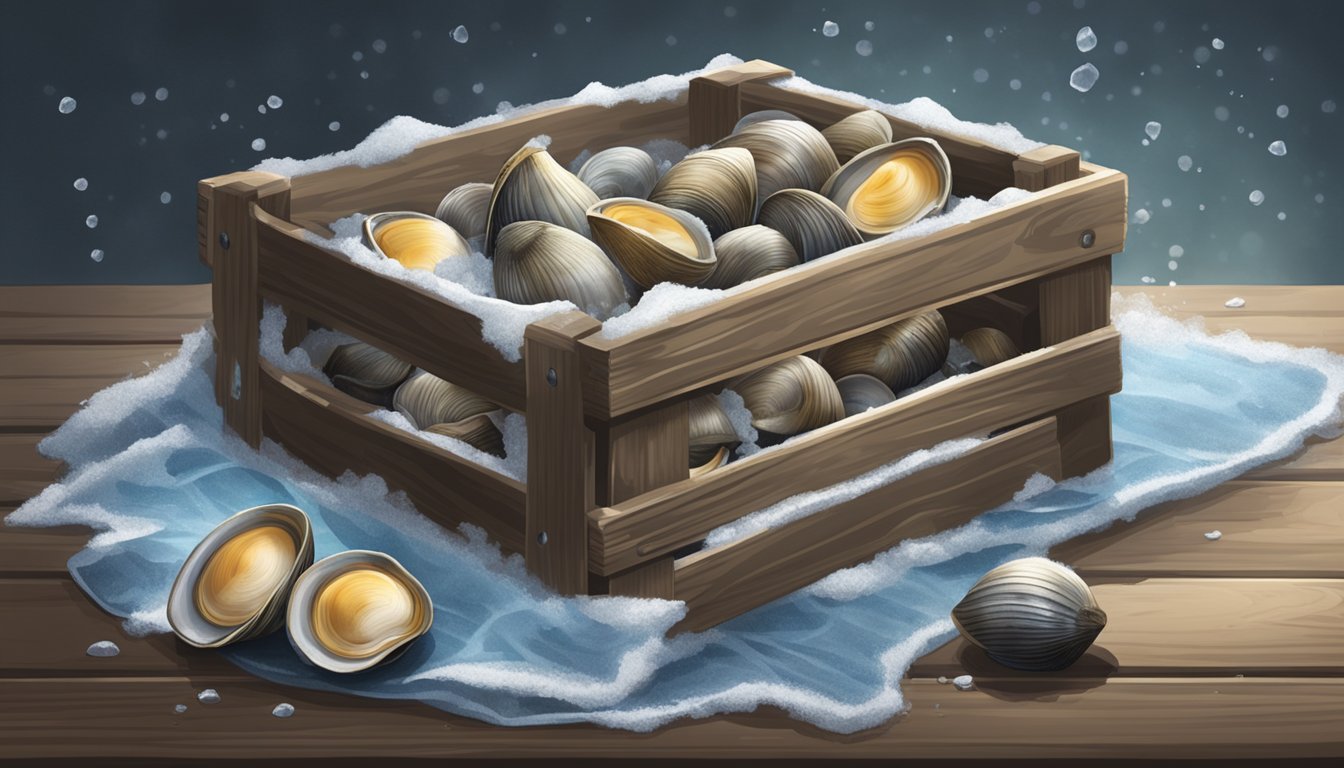 A wooden crate filled with fresh clams, nestled in ice and covered with a damp cloth to keep them cool and moist