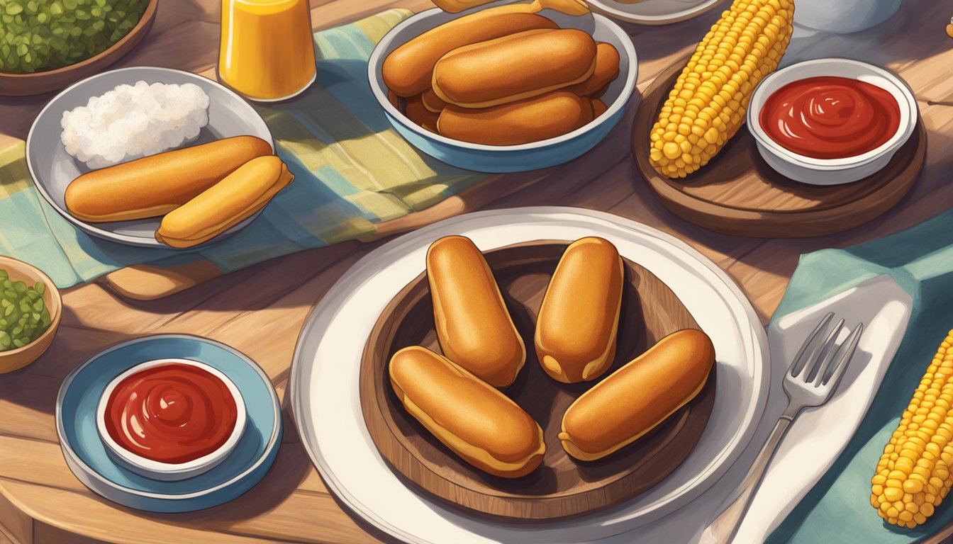 A plate of homemade corn dogs sits on a picnic table, surrounded by ketchup and mustard. The golden-brown batter is crispy and the hot dogs inside are steaming