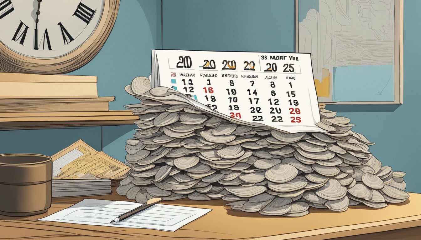 A pile of clam strips sits on a shelf, surrounded by a calendar and a clock. The clam strips appear fresh, but the calendar and clock suggest the passage of time