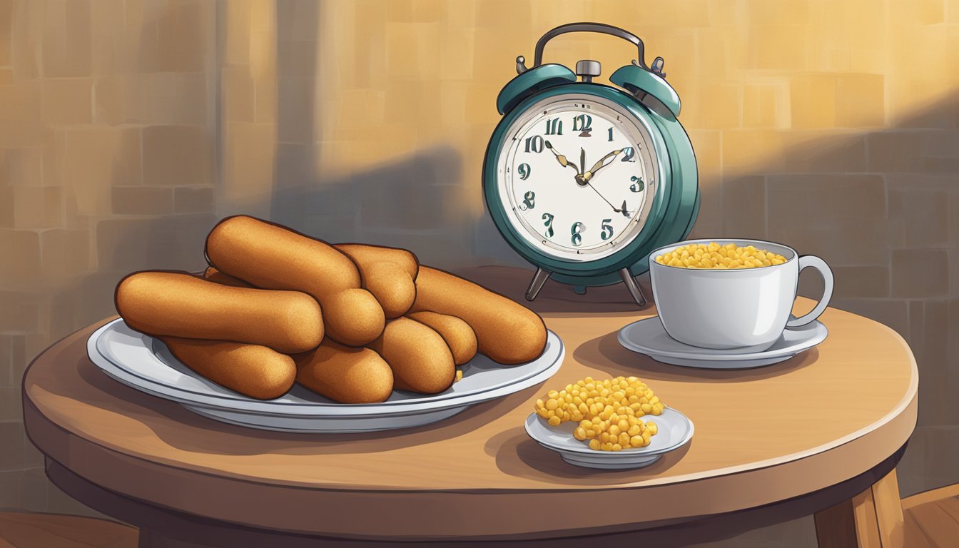 A plate of corn dogs sits on a table, some half-eaten. A clock on the wall shows the passage of time