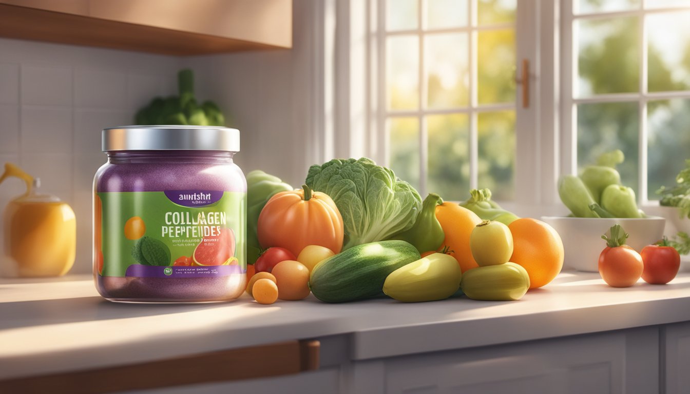 A glass jar of collagen peptides sits on a kitchen counter, surrounded by fresh fruits and vegetables. Sunlight streams through the window, casting a warm glow on the scene