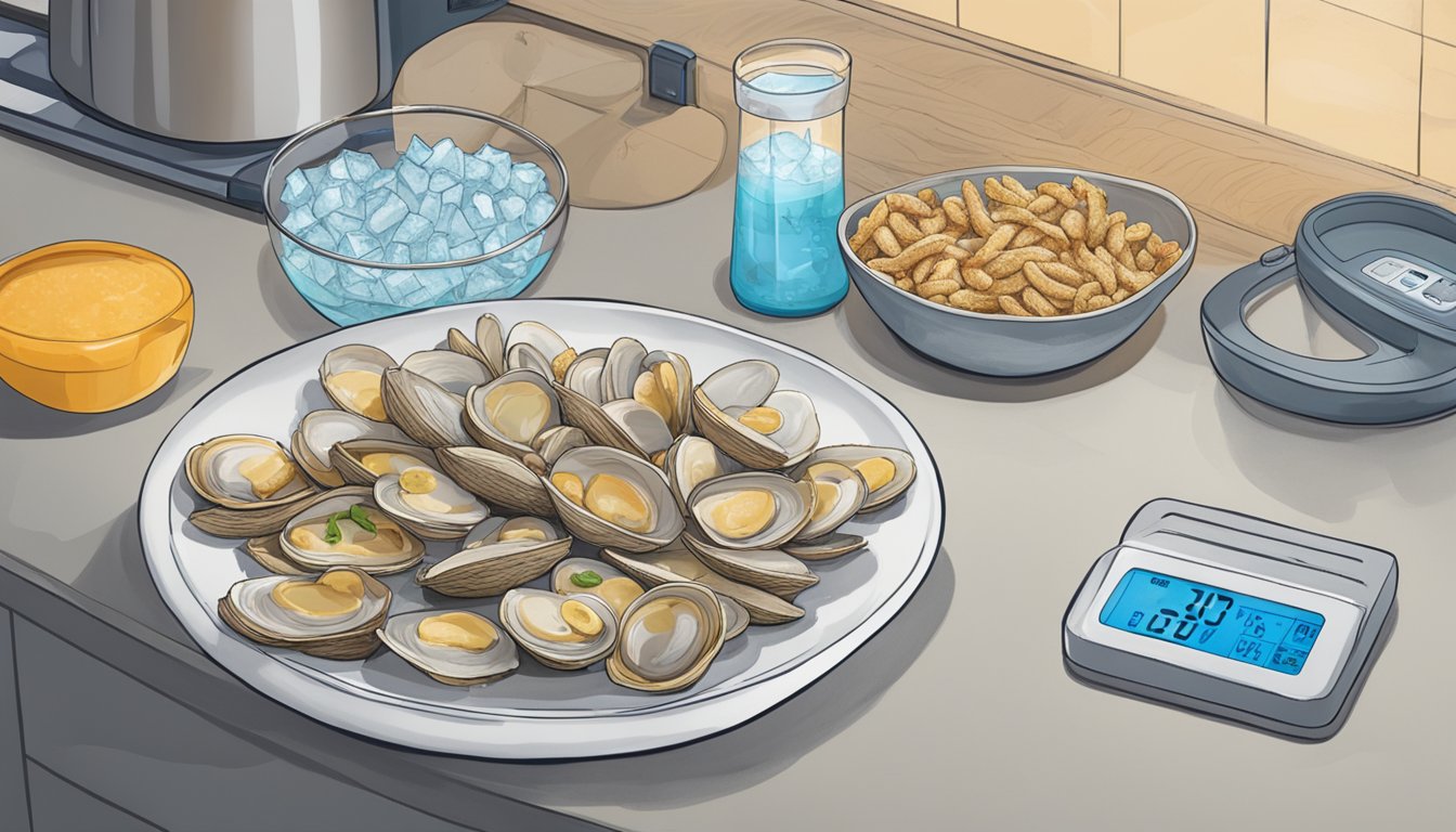 A plate of clam strips sits on a countertop, surrounded by ice packs and a digital timer set to monitor their expiration