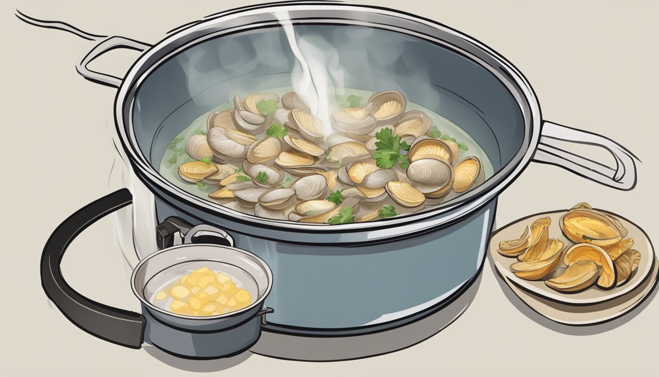 A pot of boiling water with clam strips being dropped in, a timer set for reheating, and a plate of cooked clam strips next to it