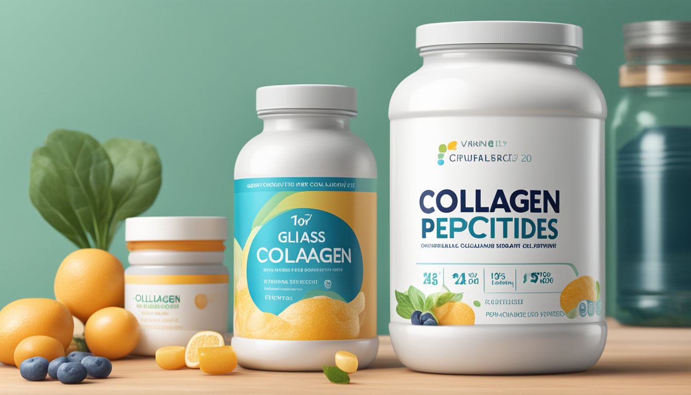 A glass jar of collagen peptides sits on a kitchen shelf next to a bottle of vitamins. The expiration date is clearly printed on the label