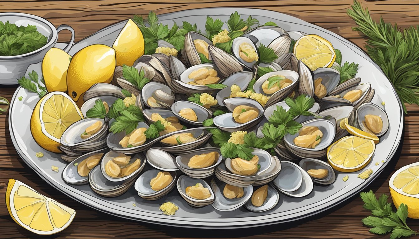 A plate of clam strips with lemon wedges, surrounded by a variety of fresh ingredients and herbs, on a rustic wooden table