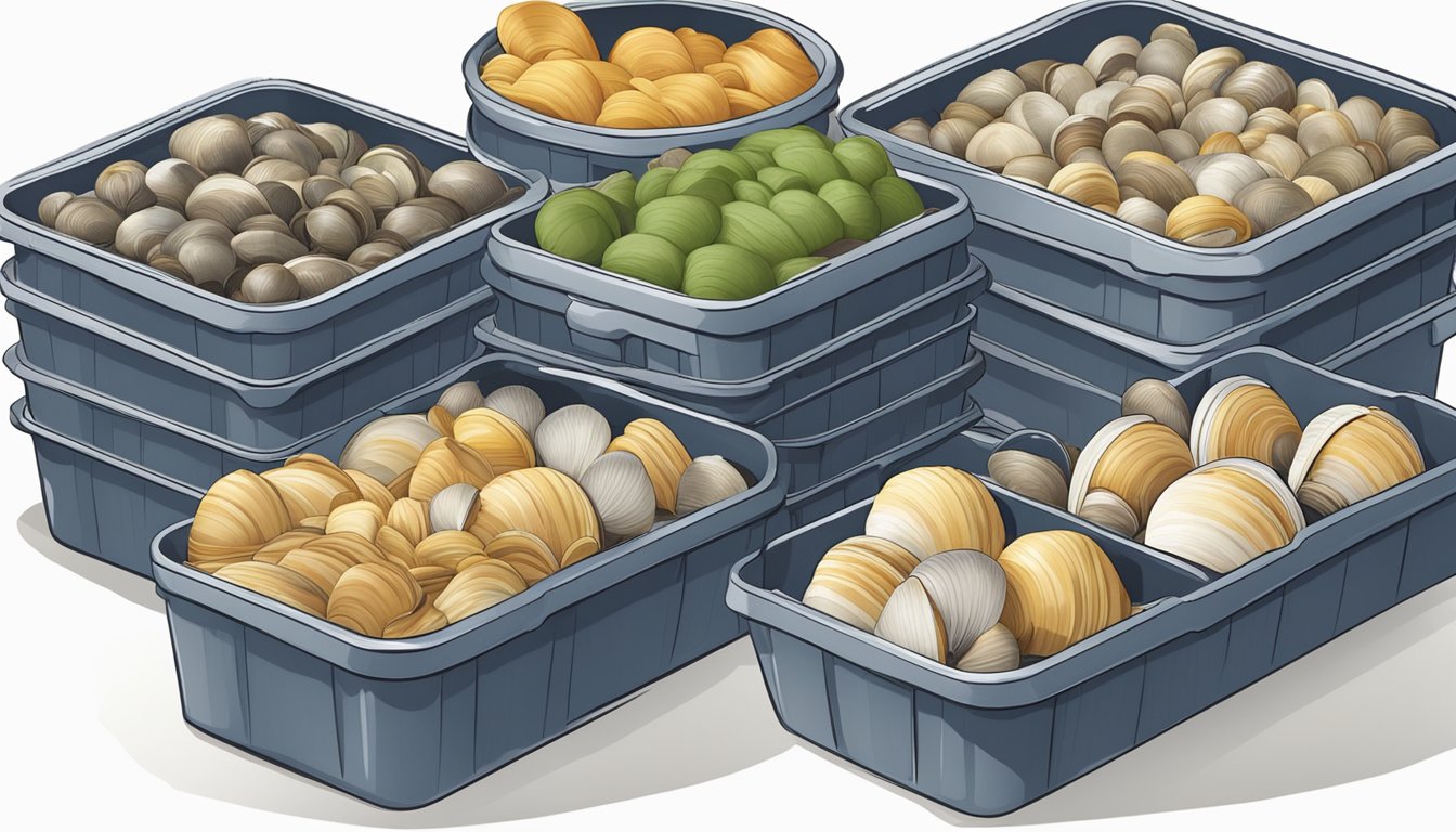 A stack of clam storage containers with varying sizes and shapes, some open and filled with fresh clams, others closed and neatly labeled