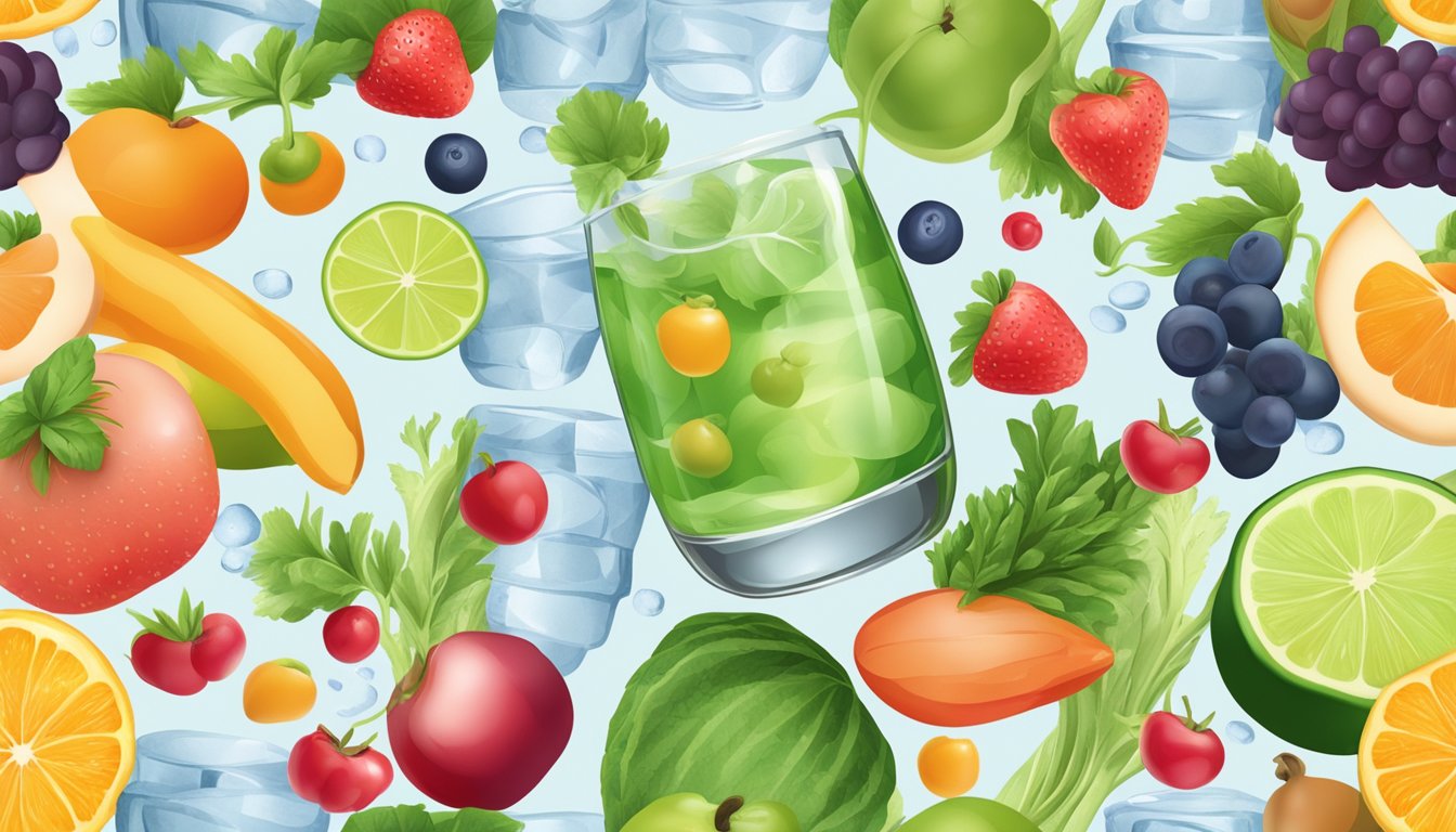 A glass of water with collagen peptides dissolving, surrounded by various fruits and vegetables