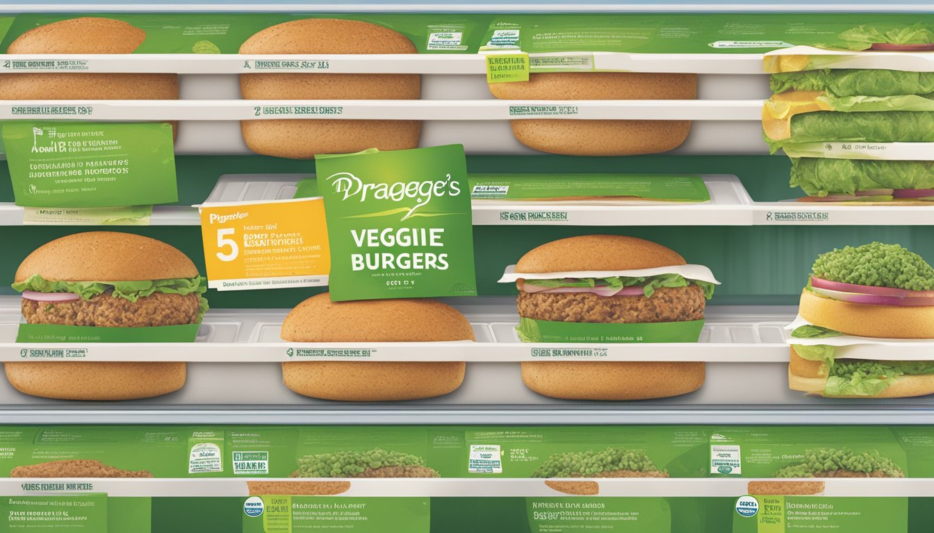 A package of Dr. Praeger's California veggie burgers sits in a refrigerator, with a "best by" date visible on the packaging