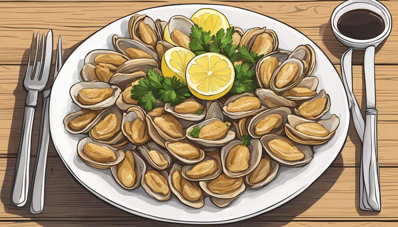 A plate of clam strips sits on a wooden table, surrounded by lemon wedges and garnished with parsley. The strips are golden-brown and crispy, with a light dusting of seasoning